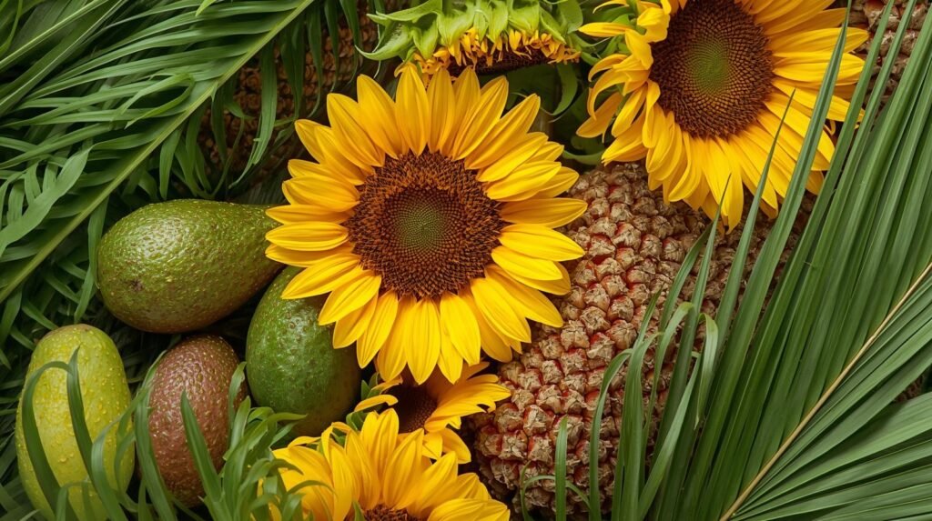an image of plants that produces edible oil including avocado, sunflower palm
